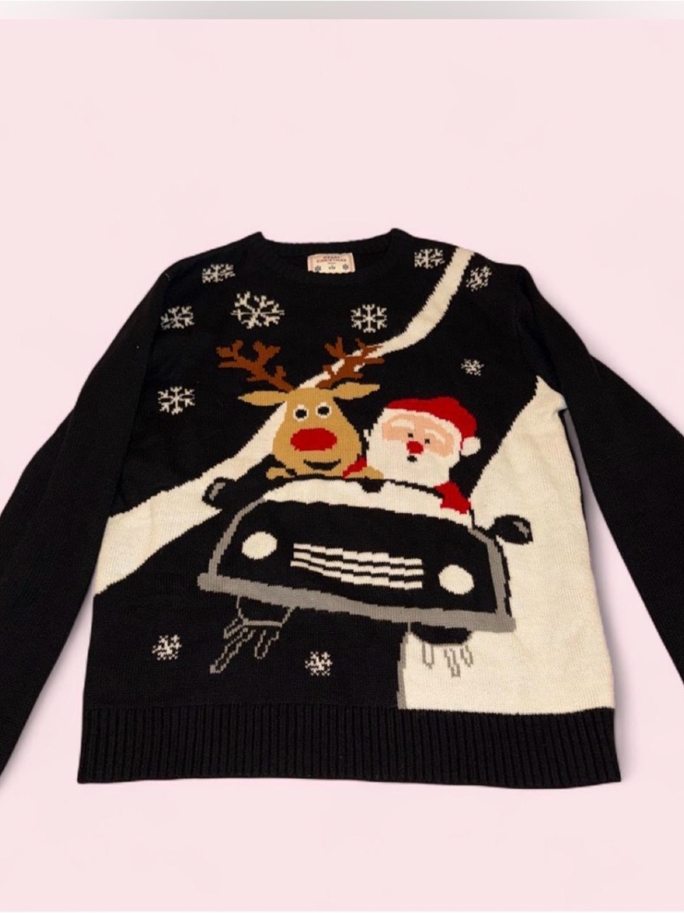 Women’s Black Christmas Reindeer & Santa Crewneck Sweater